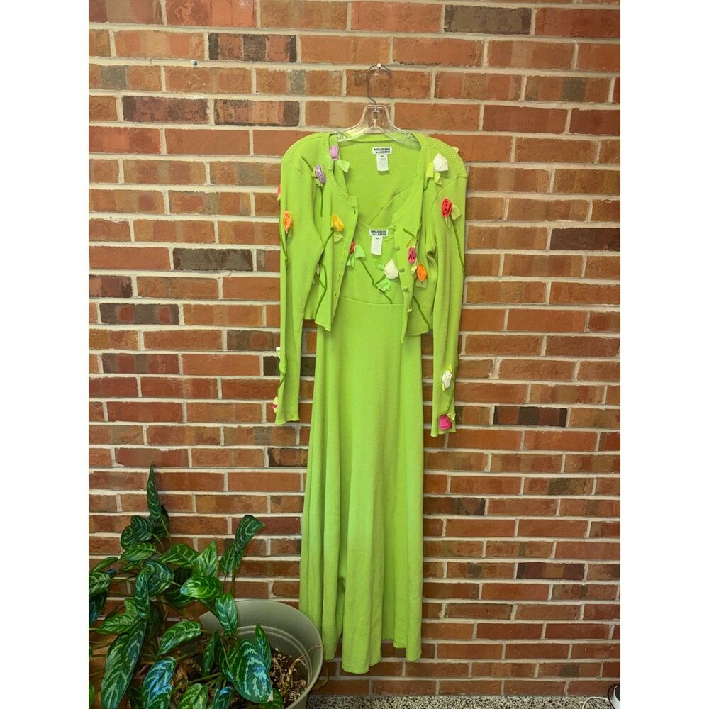 Vintage Maureen Keene NYC Lime Green Floral Dress and Cardigan Set